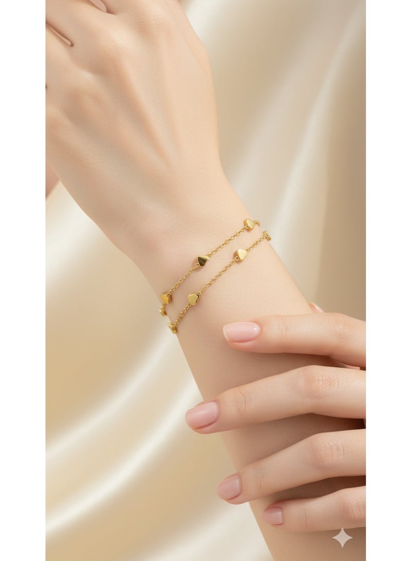 Elegant Heart Dainty Double Layer Bracelet - Gold Plated Finish. - Image 2
