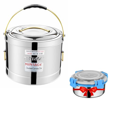 Mintage Steel Sambar Pot 10 Liters + Lunch Box 200 Ml | Hot Pot Casserole for Cooking | Elegant Durable Container | Canteen Hotel | Biryani Box Puff Insulated Hot & Cold - Image 1