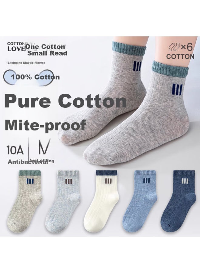 Mianxiaonian Children's Mid-calf Socks For Autumn And Winter [100% Pure Cotton 10a Antibacterial And Odor-resistant] Boys' Socks For Older Children And Students, 6 Pairs