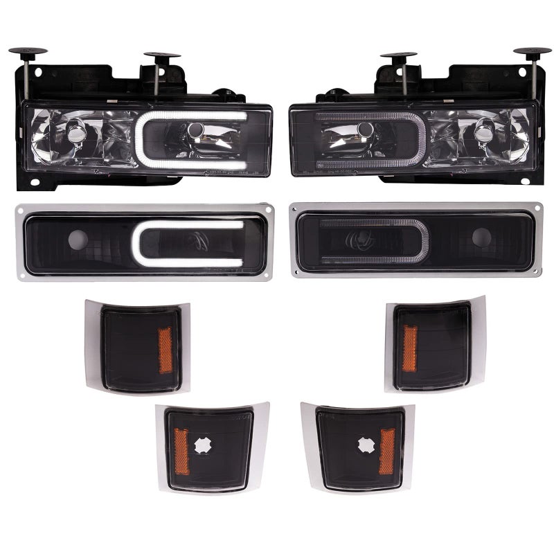 TRQ 8 Piece Front Light Set Lower Marker Lights Parking Lights Upper Reflectors Set LED C Light Bar Driver Passenger Side Compatible with Chevrolet Tahoe C1500 C2500 C3500 K1500 K2500 K3500 9499