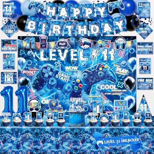 Mpanwen Gamer 11th Birthday Decorations for Boys Blue Video Game Level 11 Bday Party Decor Supplies for 11 Years Old Boy with Backdrop Tablecloth Centerpiece Hanging Swirls Hat Wall Signs - Image 1