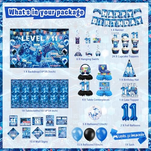 Mpanwen Gamer 11th Birthday Decorations for Boys Blue Video Game Level 11 Bday Party Decor Supplies for 11 Years Old Boy with Backdrop Tablecloth Centerpiece Hanging Swirls Hat Wall Signs - Image 5