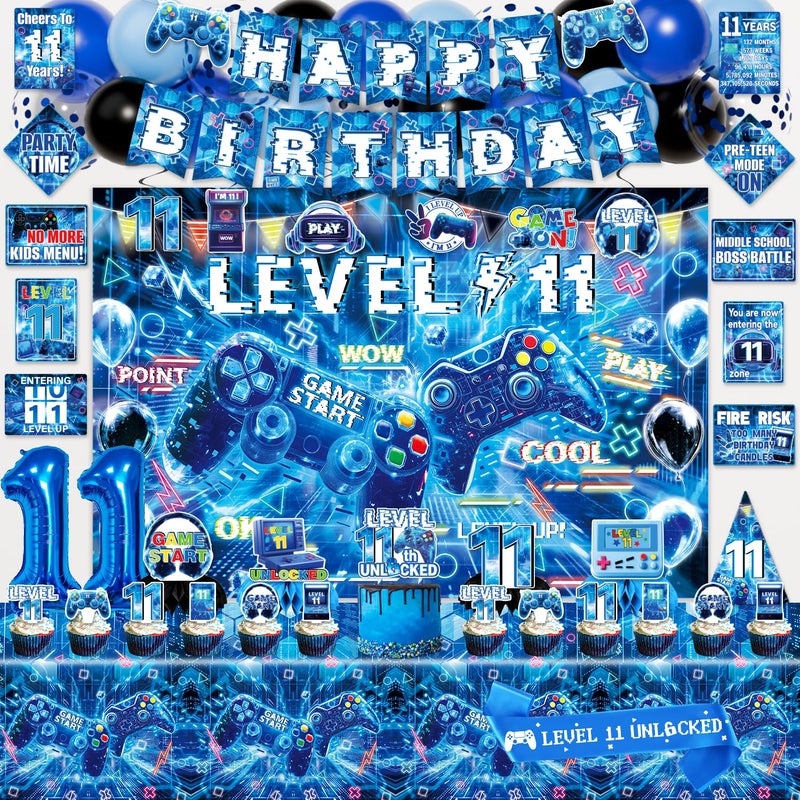 Mpanwen Gamer 11th Birthday Decorations for Boys Blue Video Game Level 11 Bday Party Decor Supplies for 11 Years Old Boy with Backdrop Tablecloth Centerpiece Hanging Swirls Hat Wall Signs - Image 3