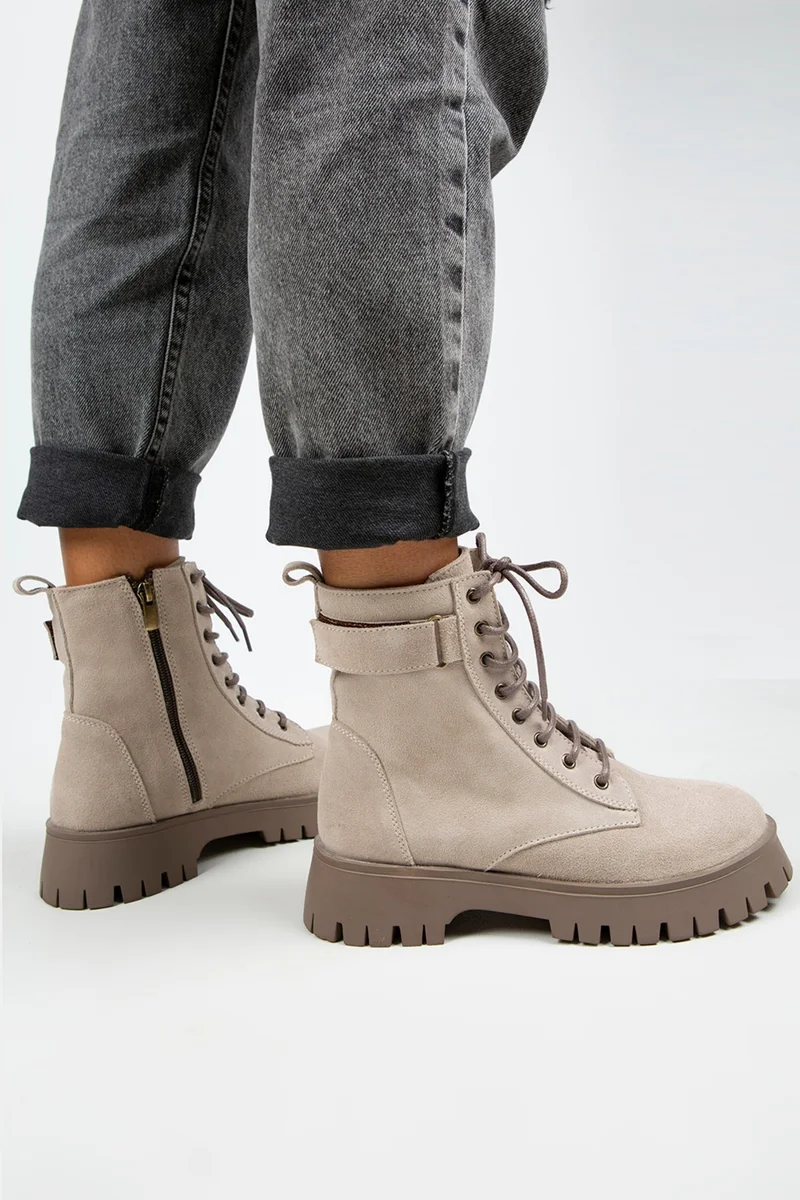 Manijero Manijero Adel Women's Genuine Leather Lace-up, Inner Zipper Beige Suede-Mink Boots