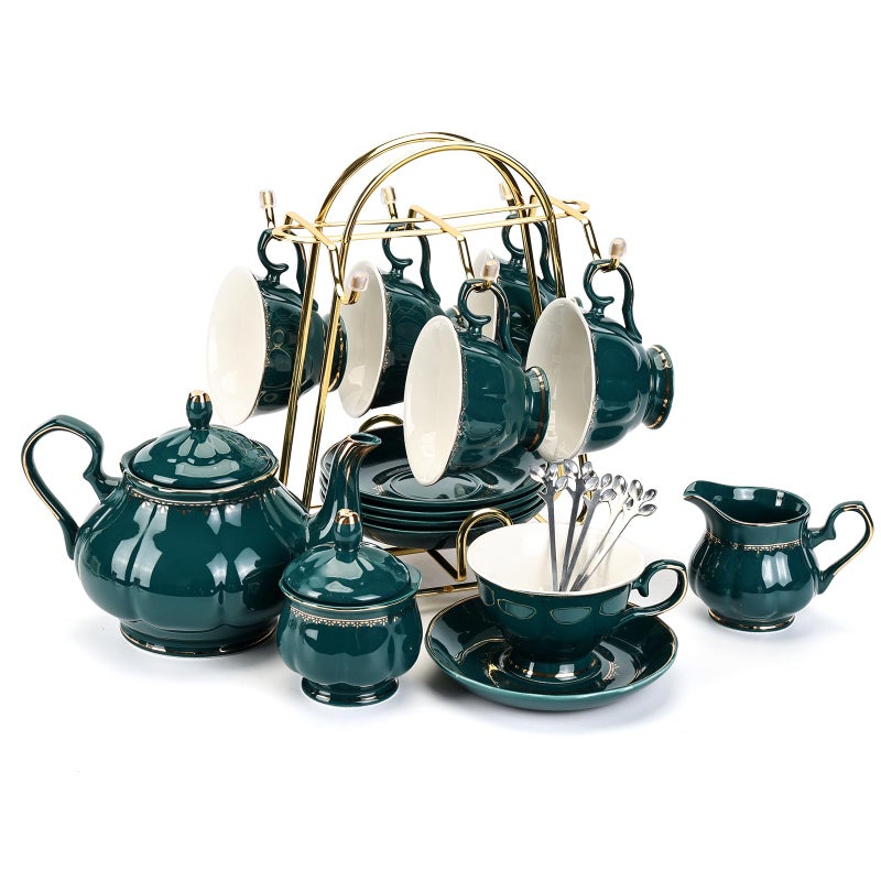 CHENPHMC Tea Set 22Piece Porcelain Ceramic Coffee Tea Sets Cups Saucer Service for 6 Teapot Sugar Bowl Creamer Pitcher and Teaspoons Porcelain Tea SetDark Green
