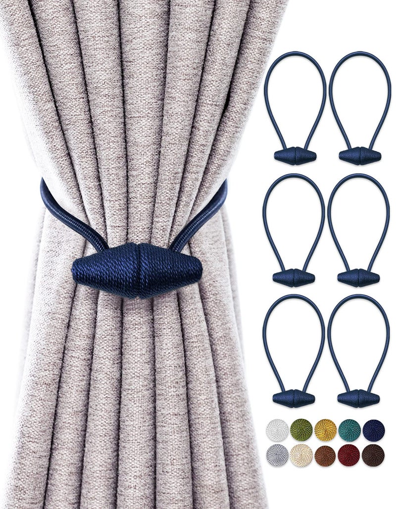 TECVINCI Magnetic Curtain Tiebacks with Upgrade Larger Magnet 6 Pack 16 Inch Drapery Holdbacks for Indoor  Outdoor Curtain  Navy