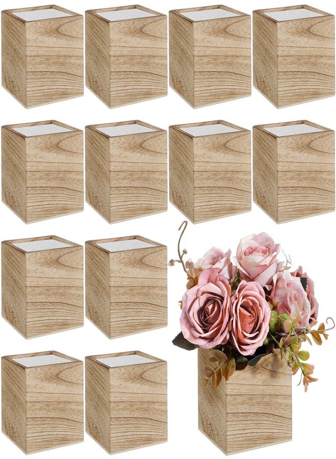 Suzile 12 Set 4 Inch Wooden Planter Box Flower Square Vases for Centerpiece Rustic Cube Planter Box with Removable Foam Blocks Liner Square Vase Craft for Garden Home(Wood Color) - Image 1