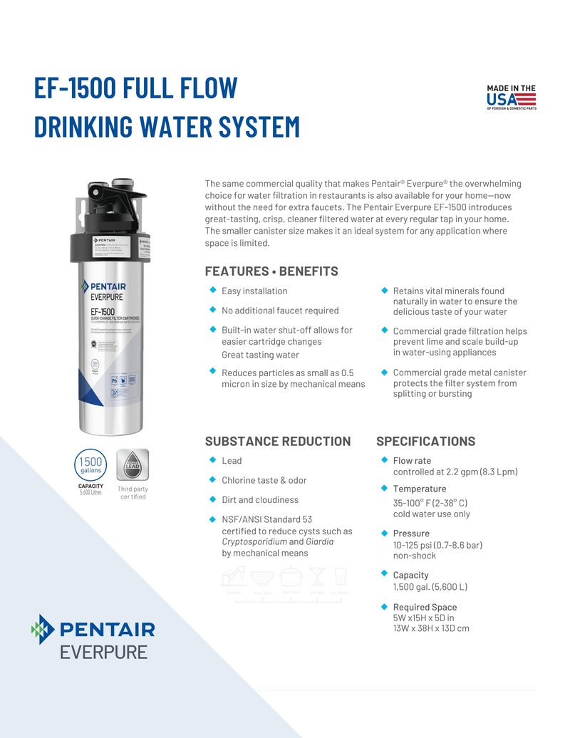 ever pure Pentair Everpure EF-1500 Full Flow Drinking Water System, EV985800, NSF Certified to Reduce Lead, includes Filter Head, Filter Cartridge, All Hardware and Connectors, 1,500 Gallon Capacity, 0.5 Micron - Image 4
