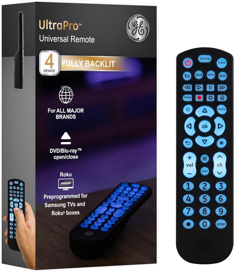 GE Backlit Universal Remote Control for Samsung, Vizio, LG, Sony, Sharp, Roku, Apple TV, RCA, Panasonic, Smart TV, Streaming Players, Blu-Ray, DVD, 4-Device, Black, 40081 Black, Backlit - Image 1