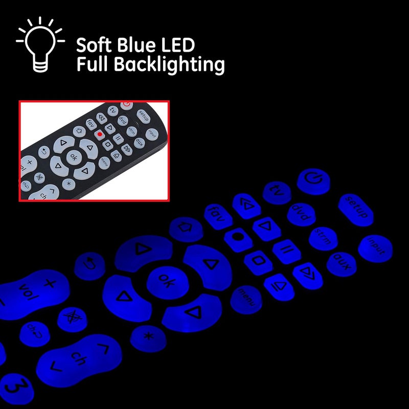 GE Backlit Universal Remote Control for Samsung, Vizio, LG, Sony, Sharp, Roku, Apple TV, RCA, Panasonic, Smart TV, Streaming Players, Blu-Ray, DVD, 4-Device, Black, 40081 Black, Backlit - Image 3