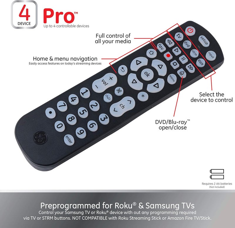GE Backlit Universal Remote Control for Samsung, Vizio, LG, Sony, Sharp, Roku, Apple TV, RCA, Panasonic, Smart TV, Streaming Players, Blu-Ray, DVD, 4-Device, Black, 40081 Black, Backlit - Image 4