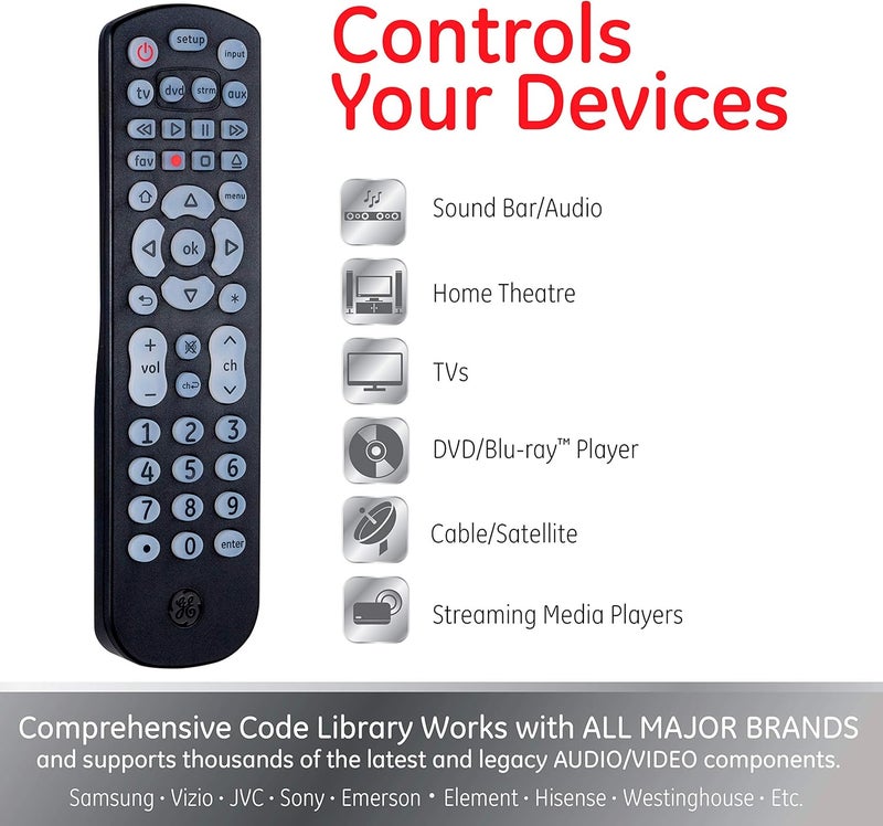 GE Backlit Universal Remote Control for Samsung, Vizio, LG, Sony, Sharp, Roku, Apple TV, RCA, Panasonic, Smart TV, Streaming Players, Blu-Ray, DVD, 4-Device, Black, 40081 Black, Backlit - Image 5