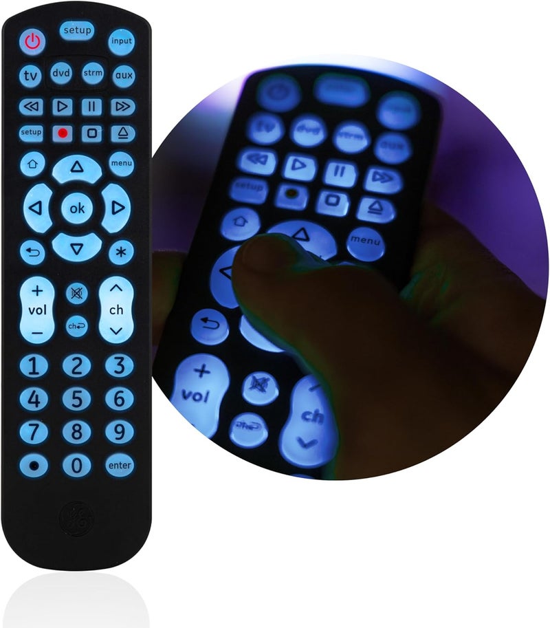 GE Backlit Universal Remote Control for Samsung, Vizio, LG, Sony, Sharp, Roku, Apple TV, RCA, Panasonic, Smart TV, Streaming Players, Blu-Ray, DVD, 4-Device, Black, 40081 Black, Backlit - Image 2