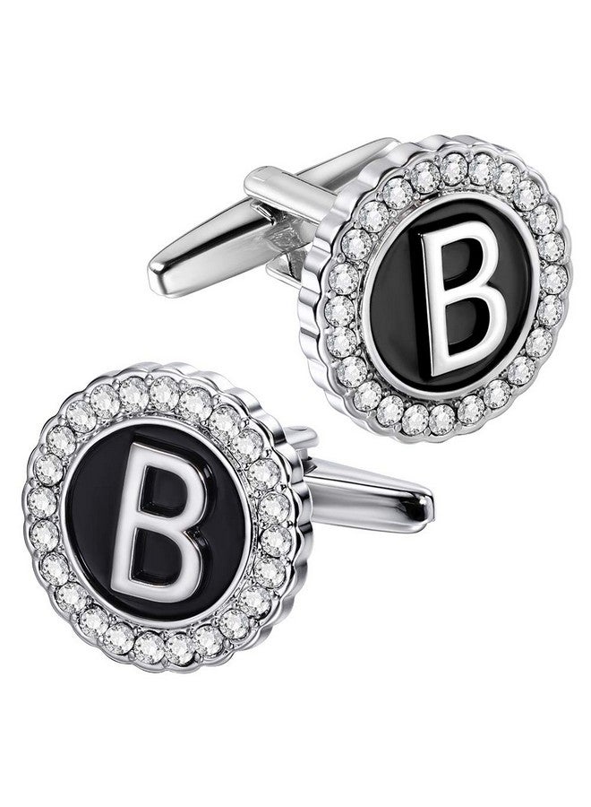 HAWSON A-Z Initial Cufflinks For Men And Women With Clear Crystal, Silver Color Rasied Letter A-Z Cuff Links For French Shirt, Gift For Normal And Business Wearing - B - Image 1