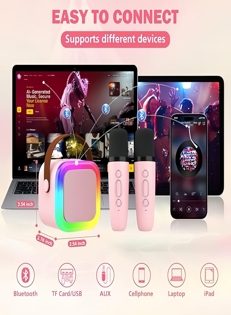 طقم مكبر صوت كاريوكي بلوتوث لاسلكي صغير مع ميكروفونين محمولين، وإضاءة RGB ملونة، ونظام صوت KTV محمول للحفلات المنزلية وغناء الأطفال والترفيه في الهواء الطلق (وردي) - Image 4