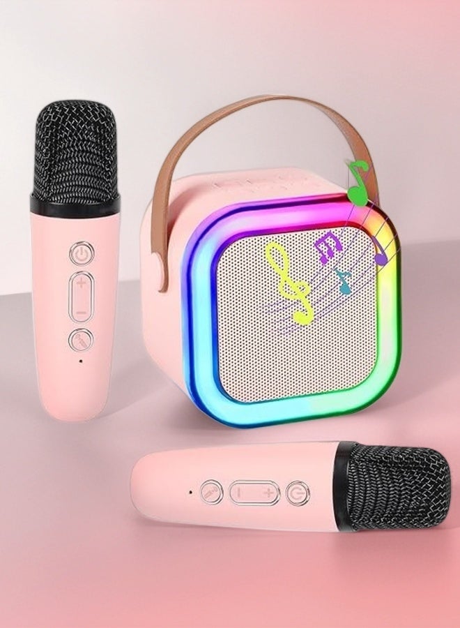 طقم مكبر صوت كاريوكي بلوتوث لاسلكي صغير مع ميكروفونين محمولين، وإضاءة RGB ملونة، ونظام صوت KTV محمول للحفلات المنزلية وغناء الأطفال والترفيه في الهواء الطلق (وردي) - Image 1