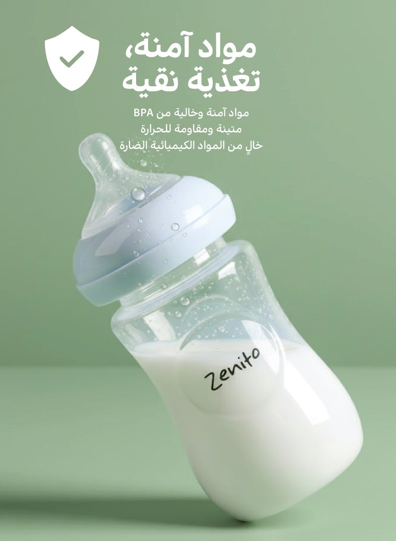Zenito Essential Bottle Feeding Kit  -Newborn Starter Set | 7-Piece Baby Feeding Kit | 0+ Months | BPA-Free | Includes 2x 125ml & 2x 260ml Wide-Neck Feeding Bottles with Soft Silicone Teats, 1 Teets set, and 1 Multi purpose Bottle & Teat Brush - Image 3