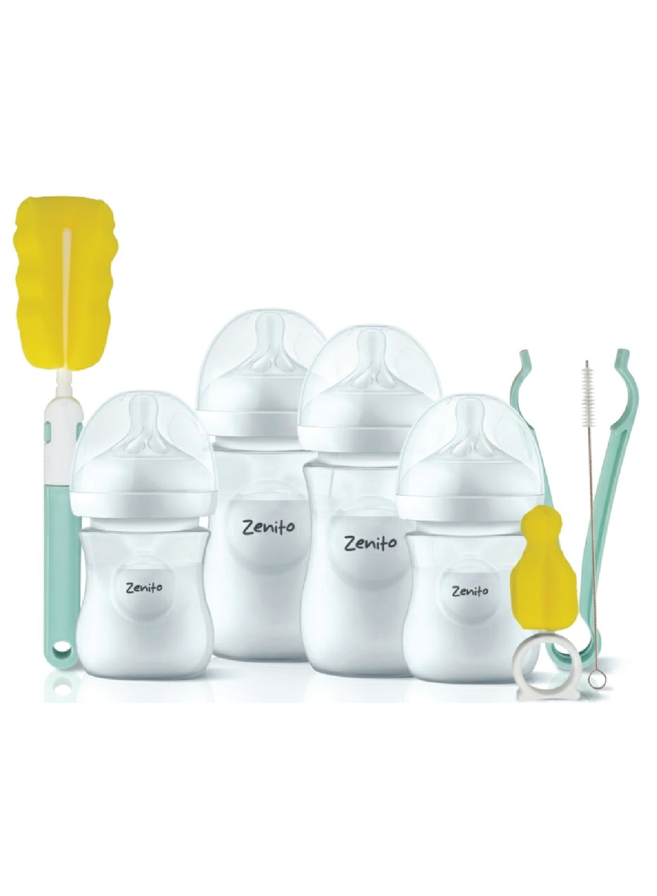 Zenito Essential Bottle Feeding Kit  -Newborn Starter Set | 7-Piece Baby Feeding Kit | 0+ Months | BPA-Free | Includes 2x 125ml & 2x 260ml Wide-Neck Feeding Bottles with Soft Silicone Teats, 1 Teets s