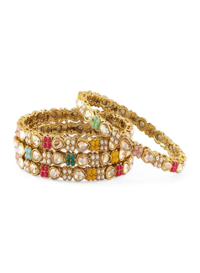 Rubans Set of 4 18K Gold Plated Kundan Pearl Floral Bangles Multicolor Traditional Festive Wedding Jewellery for Women & Girls - Image 1