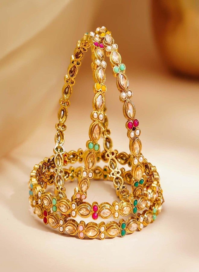 Rubans Set of 4 18K Gold Plated Kundan Pearl Floral Bangles Multicolor Traditional Festive Wedding Jewellery for Women & Girls - Image 5
