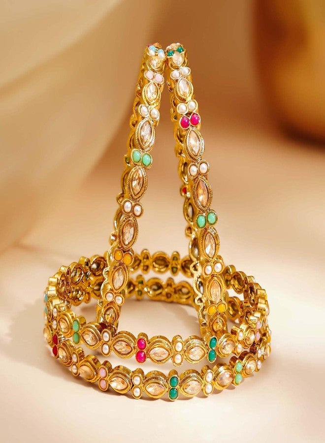 Rubans Set of 4 18K Gold Plated Kundan Pearl Floral Bangles Multicolor Traditional Festive Wedding Jewellery for Women & Girls - Image 2