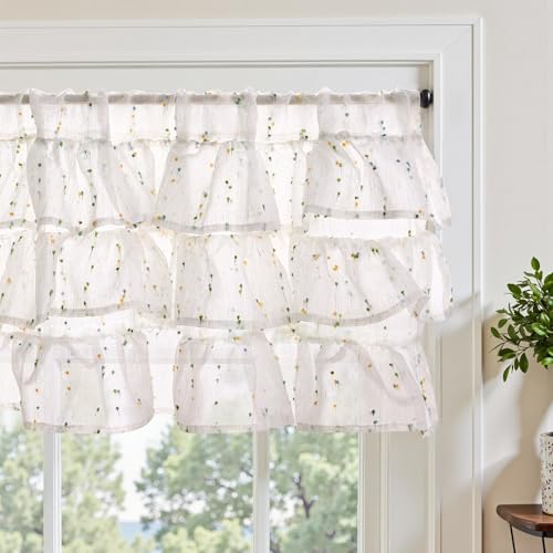 jinchan Ruffled Valance for Windows 18 Inch Mini PomPom Voile Valance Curtains PomPom Semi Sheer Shabbychic Samll Window Treatment for Kitchen Bedroom Living Room Rod Pocket 1 Panel Green - Image 1
