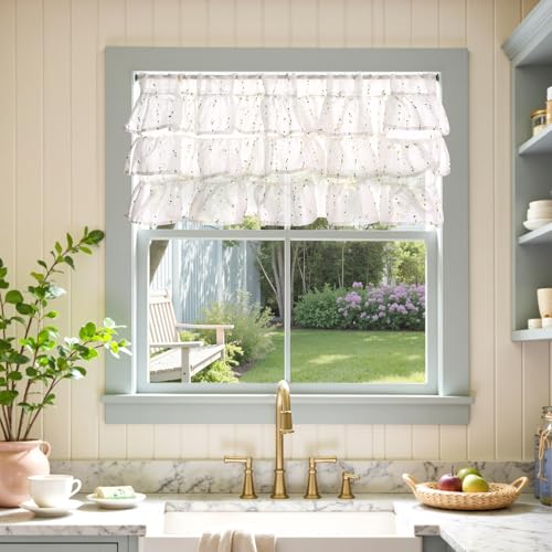 jinchan Ruffled Valance for Windows 18 Inch Mini PomPom Voile Valance Curtains PomPom Semi Sheer Shabbychic Samll Window Treatment for Kitchen Bedroom Living Room Rod Pocket 1 Panel Green - Image 3
