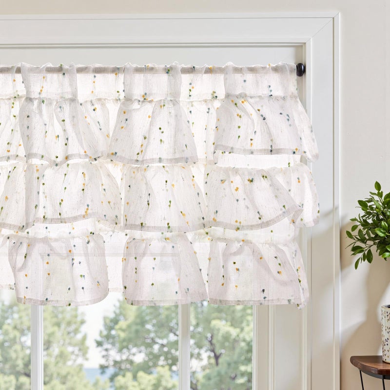 jinchan Ruffled Valance for Windows 18 Inch Mini PomPom Voile Valance Curtains PomPom Semi Sheer Shabbychic Samll Window Treatment for Kitchen Bedroom Living Room Rod Pocket 1 Panel Green - Image 2