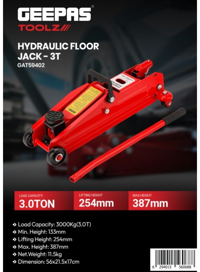 Geepas Hydraulic Floor Jack- GAT59402/ 3 ton or 3000 kg Capacity, 133 to 387 mm Lifting Range/ with Wheels, Perfect for Car, Pickup Truck, Truck, RV, Auto Repair, Industrial Engineering/ Red - Image 1