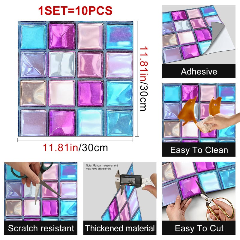 HOMETITUTE 10PCS 12x12 Inch Blue Pink Purple Iridescent Mirror Textured Flat Surface Peel and Stick Floor Tiles Removable Self Adhesive Vinyl Flooring Stickers for Bathroom Kitchen Entryway Home Decor - Image 3
