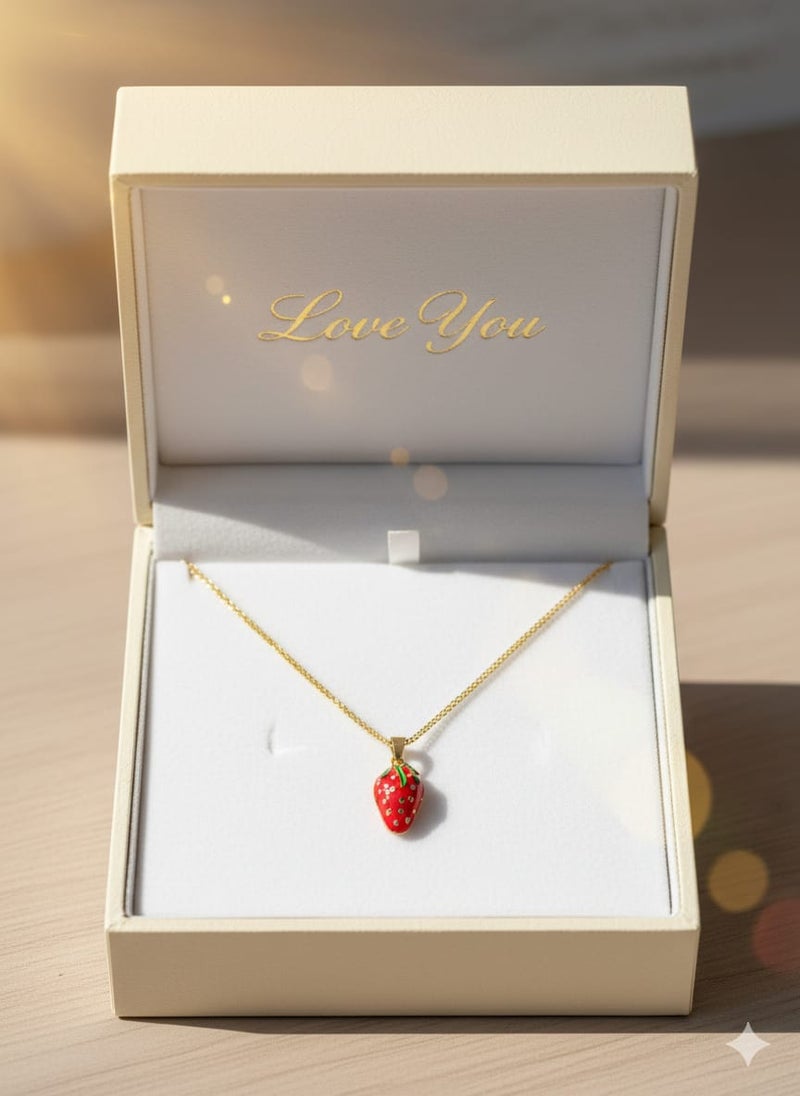 كوليه رقيق بسلسلة مطلية باللون الذهبي ، بتعليقة فراولة باللون الأحمر صغيرة ، مزينة بأوراق خضراء لامعة - قابلة للتعديل لتناسب طولكِ المفضل. - Image 5