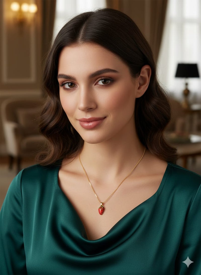 كوليه رقيق بسلسلة مطلية باللون الذهبي ، بتعليقة فراولة باللون الأحمر صغيرة ، مزينة بأوراق خضراء لامعة - قابلة للتعديل لتناسب طولكِ المفضل. - Image 3