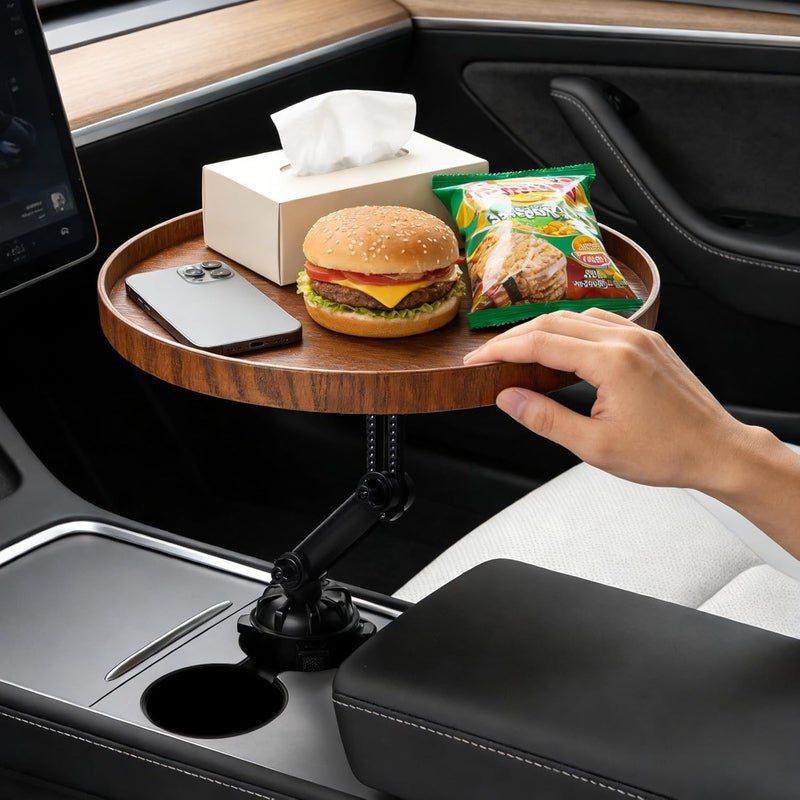 YITIAOYU Car Food Cup Holder Tray - 360° Rotating Car Table and Car Seat Tray, Detachable Wooden Car Desk for Laptop and Food Tray, Compatible with Tesla Model Y/3/S, Ford F150/Explorer (Brown, 9.45") - Image 1