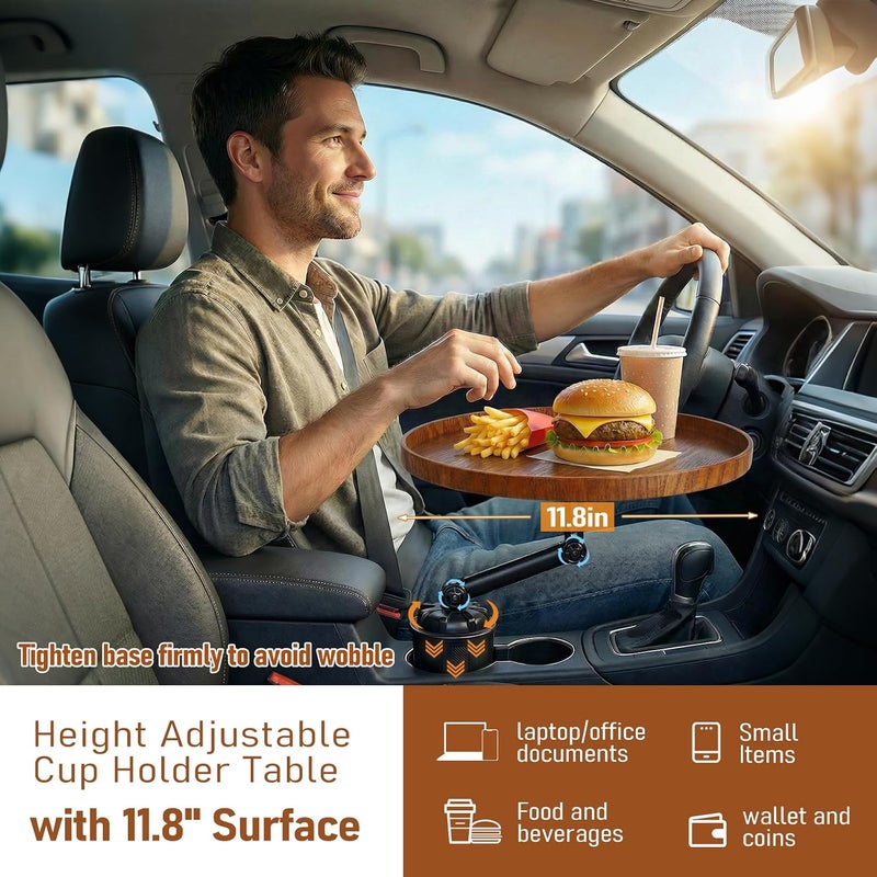 YITIAOYU Car Food Cup Holder Tray - 360° Rotating Car Table and Car Seat Tray, Detachable Wooden Car Desk for Laptop and Food Tray, Compatible with Tesla Model Y/3/S, Ford F150/Explorer (Brown, 9.45") - Image 5