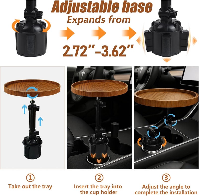 YITIAOYU Car Food Cup Holder Tray - 360° Rotating Car Table and Car Seat Tray, Detachable Wooden Car Desk for Laptop and Food Tray, Compatible with Tesla Model Y/3/S, Ford F150/Explorer (Brown, 9.45") - Image 4