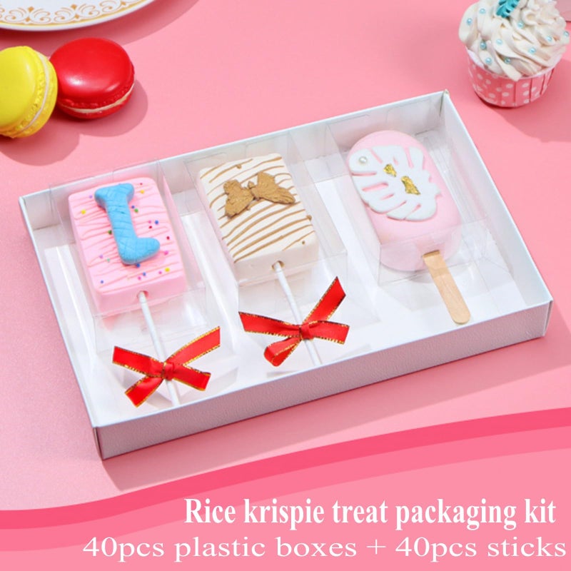 JCXGRVC 40Pack 3.5"x 2.4"x 1.38"Clear Rice Krispie Treat Boxes with Sticks Individually Wrapped Packaing Cakesickle Boxes Party Favors Boxes for Christmas Valentine's Easter Mother's Day Birthday - Image 4