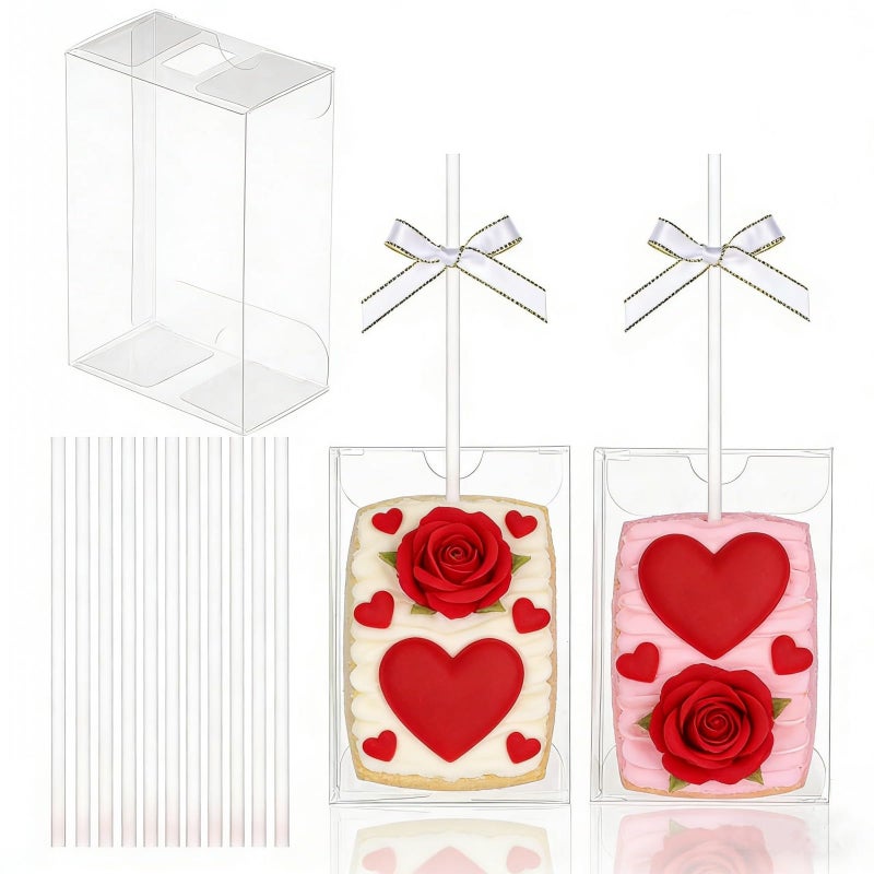 JCXGRVC 40Pack 3.5"x 2.4"x 1.38"Clear Rice Krispie Treat Boxes with Sticks Individually Wrapped Packaing Cakesickle Boxes Party Favors Boxes for Christmas Valentine's Easter Mother's Day Birthday - Image 1