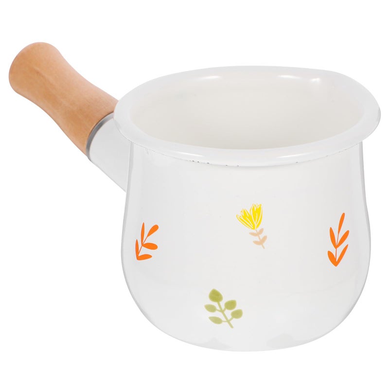 Mini Enamel Milk Pot Small Saucepan Heat Resistant Stovetop White Floral Design - Image 2