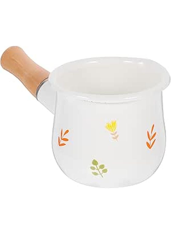 Mini Enamel Milk Pot Small Saucepan Heat Resistant Stovetop White Floral Design - Image 1