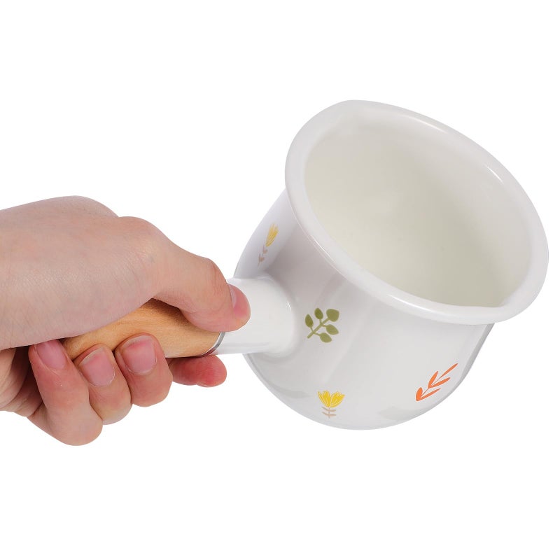 Mini Enamel Milk Pot Small Saucepan Heat Resistant Stovetop White Floral Design - Image 4