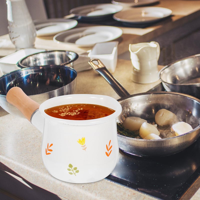 Mini Enamel Milk Pot Small Saucepan Heat Resistant Stovetop White Floral Design - Image 5