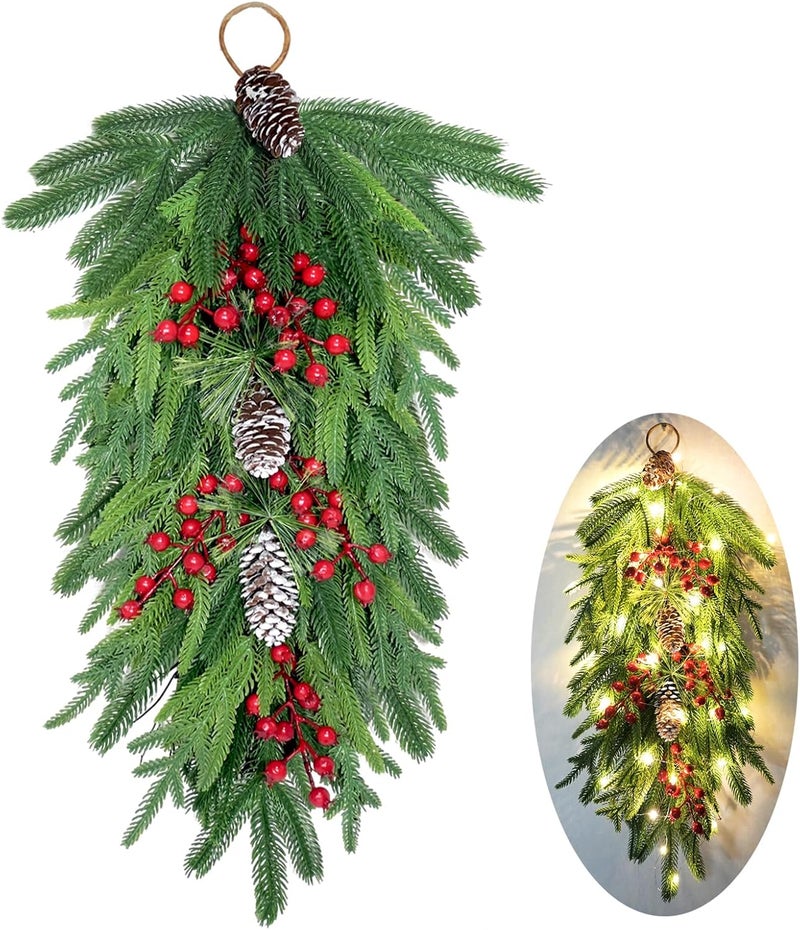 HamiFinee 2025 Upgraded 26inch Christmas Swag with Lights Lush Norfolk Pine Teardrop Swags Christmas Wreaths with Lights Greenery Stairway Swags Staircase Decorations for Door Indoor Outdoor Home Hanging Décor - Image 1