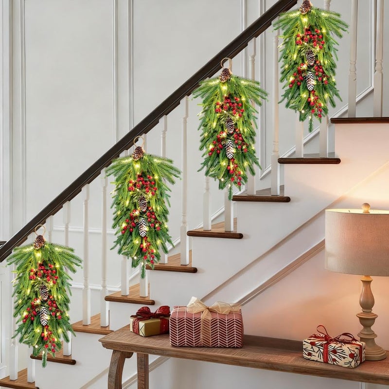 HamiFinee 2025 Upgraded 26inch Christmas Swag with Lights Lush Norfolk Pine Teardrop Swags Christmas Wreaths with Lights Greenery Stairway Swags Staircase Decorations for Door Indoor Outdoor Home Hanging Décor - Image 5