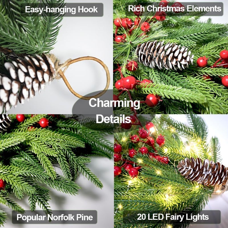HamiFinee 2025 Upgraded 26inch Christmas Swag with Lights Lush Norfolk Pine Teardrop Swags Christmas Wreaths with Lights Greenery Stairway Swags Staircase Decorations for Door Indoor Outdoor Home Hanging Décor - Image 3