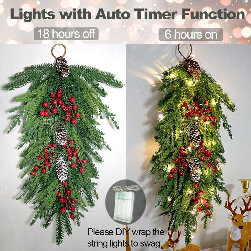 HamiFinee 2025 Upgraded 26inch Christmas Swag with Lights Lush Norfolk Pine Teardrop Swags Christmas Wreaths with Lights Greenery Stairway Swags Staircase Decorations for Door Indoor Outdoor Home Hanging Décor - Image 4