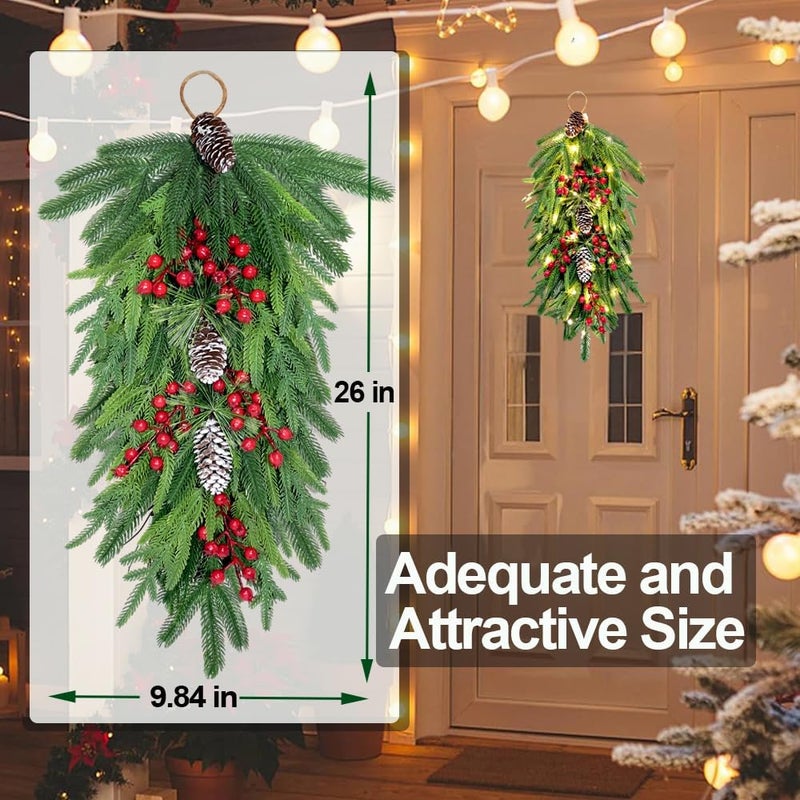 HamiFinee 2025 Upgraded 26inch Christmas Swag with Lights Lush Norfolk Pine Teardrop Swags Christmas Wreaths with Lights Greenery Stairway Swags Staircase Decorations for Door Indoor Outdoor Home Hanging Décor - Image 2