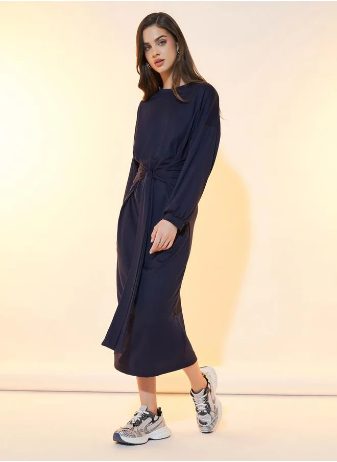 Take Two Solid Dropped Shoulder Tie Front Midi Dress