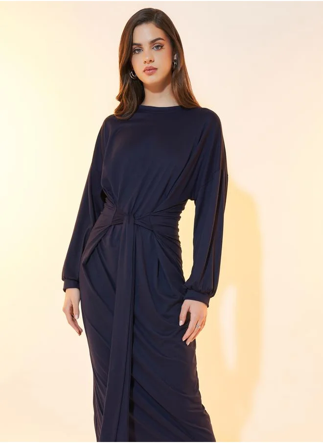 Take Two Solid Dropped Shoulder Tie Front Midi Dress