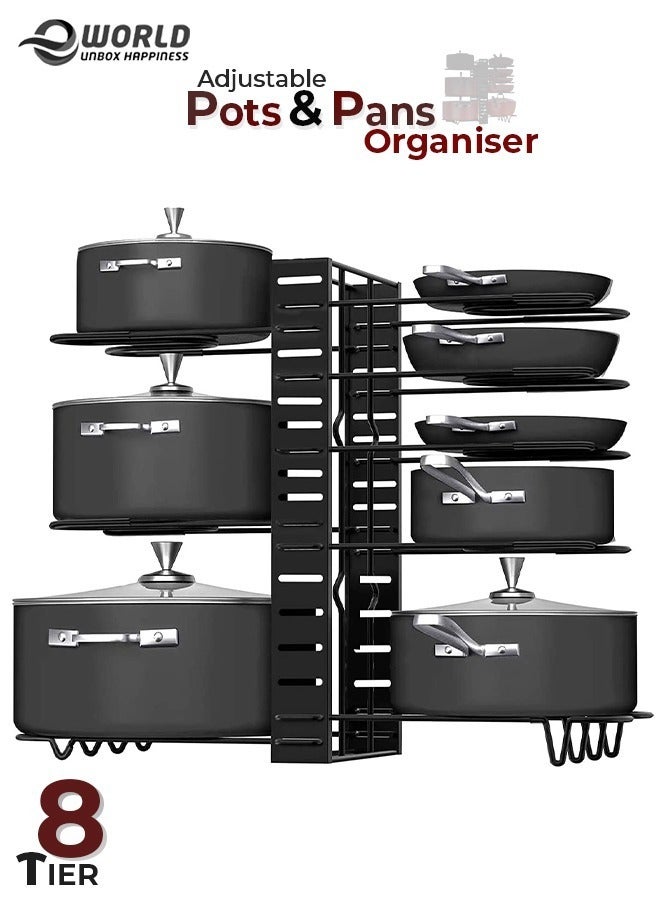 Pot Rack Organizer with 3 DIY Methods, 8 Tiers Adjustable Stand for Organising Pans and Cookware Kitchen Cabinet and Counter