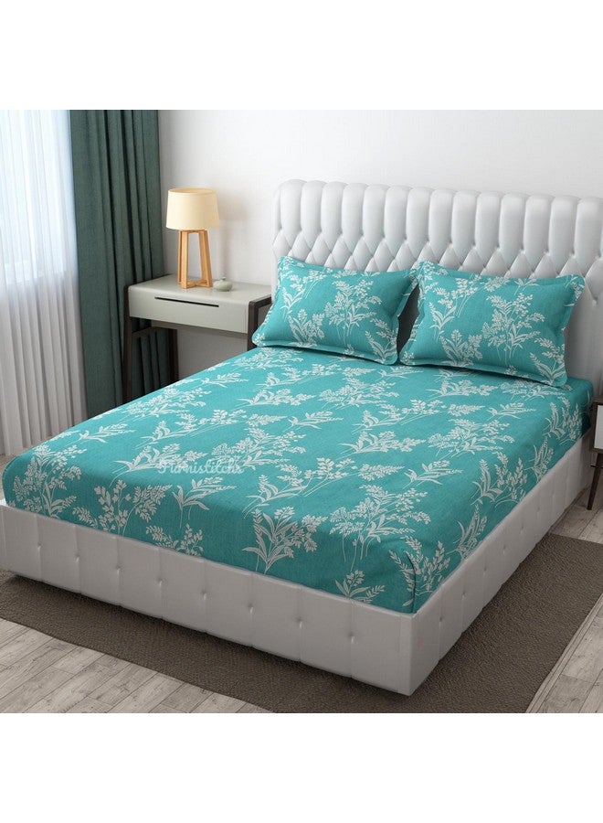 Furnistitchs Premium Glace Cotton 200 TC Elastic Fitted Bedsheets King Size Double Bed With 2 Pillow Covers (Sea Green Ocean, Queen Fitted 60X78) - Image 1